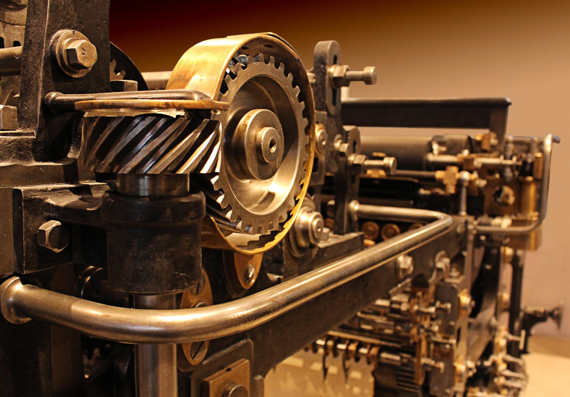 Old printing press, mechanical gears